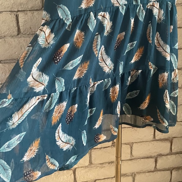 LOFT Teal Feather Pattern Long Sleeve Dress - Picture 6 of 8